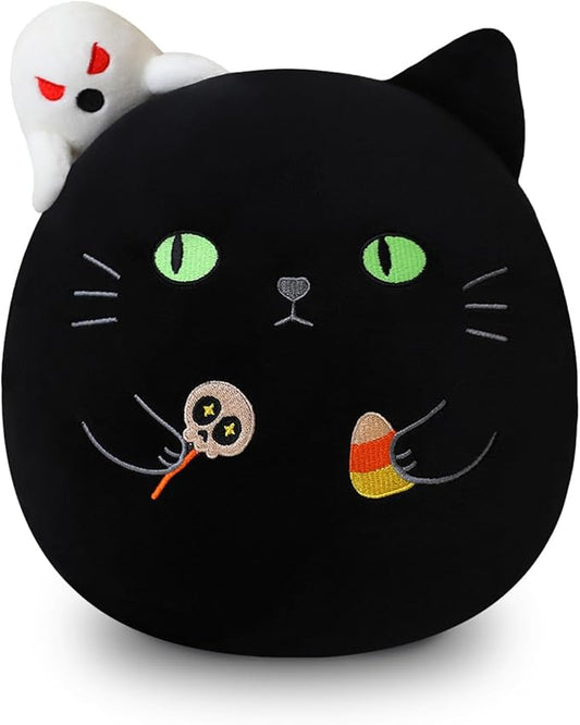Halloween Candy Cat Stuffed Animal Toy, Black Cat Plush with Ghost and Candy for Home Decor, Halloween Party Gift for Kids（Candy Cat 10 Inch）