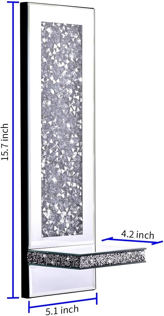 Mirrored Wall Candle Sconces Holder Set of 2, Wall Decor Living Room | Crystal Crushed Diamond Silver Wall Decorations, Ideal for Entryway, Hallway, Bedroom, Dining Room
