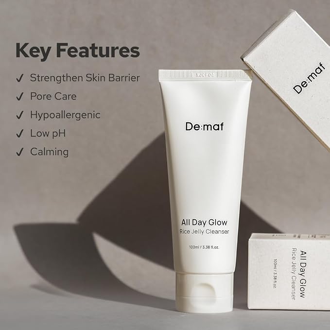 De:maf All Day Glow Rice Jelly Cleanser, Low pH, Sensitive Skin, 3.38 fl oz | Korean Skincare Rice Face Wash with Centella Green Tea for Sensitive Skin, Hydrating, Soothing, SLS-Free, Fragrance-Free