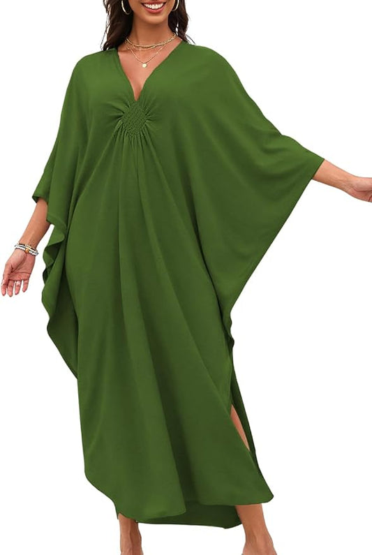 ChiaoLezhee Print Moo-Moos for Women, Kaftan Cover-Up Dresses, Sexy V-Neck High-Slit, Beach Pool-Party Coverups Muumuu Plus