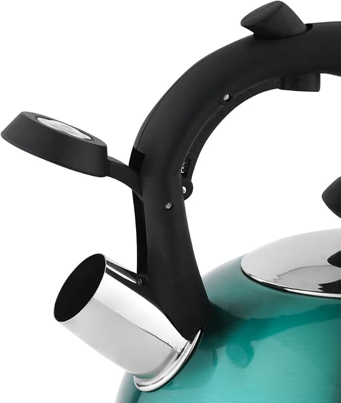 Amazon Basics Stovetop Whistling Tea Kettle, Fast Boiling, Stainless Steel, Food Grade, Ergonomic Handle, 2.3 Liter, Teal