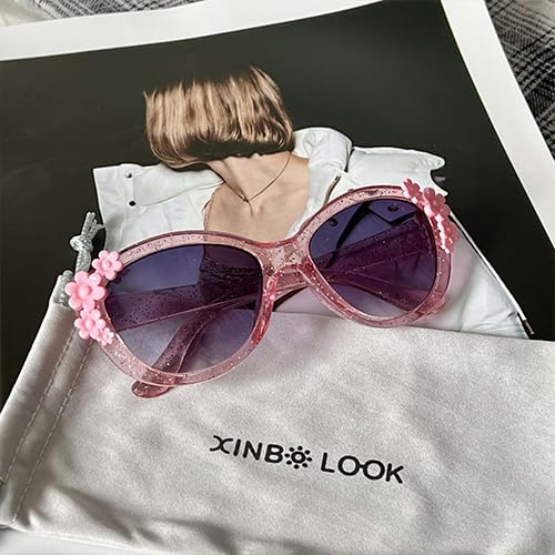 XINB LOOK Kids Sunglasses Girls, Cute Flower Frame Cartoon UV Glasses, Toddler Sunglasses Party Favor for Ages 3-10 (Transparent pink)