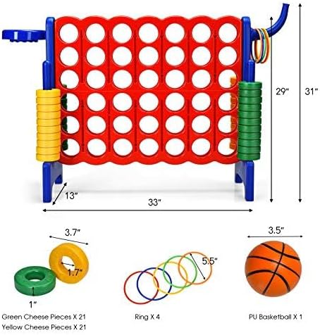 DORTALA Giant 4-in-A-Row, Plastic Jumbo Connect Game Set w/42 Jumbo Rings, Quick-Release Slider, Ring Toss, 2.5Ft Indoor Outdoor 4 to Score Yard Game w/Basketball Hoop
