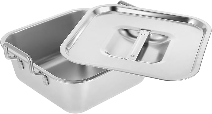 NUOBESTY Stainless Steel Square Snack Basket with Lid and Handles, Food Serving Tray for Fried Chicken, French Fries, Desserts, Party, Buffet, Kitchen (Silver)
