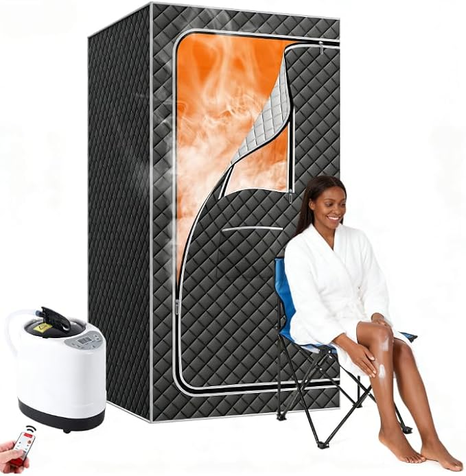 Portable Steam Sauna Box with 3L Steamer, 5-Layer Waterproof and Thermal Insulation, Folding Chair, for Home Steam Spa, Indoor & Outdoor(Black)