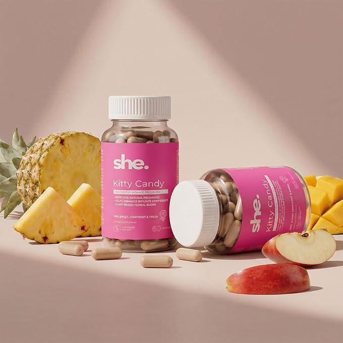 She. Kitty Candy Women's Daily Feminine Balance & Freshness Capsules, 120 Capsules with Pineapple, Mango, Red Apple Extract, Cinnamon, Fenugreek & D-Mannose | Vegan, Non-GMO