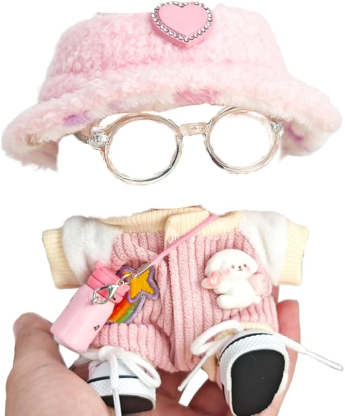 5 Set 17cm Doll Clothes -Clothes for Dolls Outfit - Accessories for 17cm Dolls Clothes +Light Pink Heart-Shaped Velvet hat + Small Camera + Glasses + Canvas Shoes, No Doll Included (Style J)