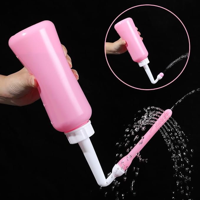 Peri Bottle Vaginal Douche- Postpartum and Perineal Care，Multi-Functional Douche Bottle for Women, 2IN1 Short Punch+Long Punch, 500ml, Pink
