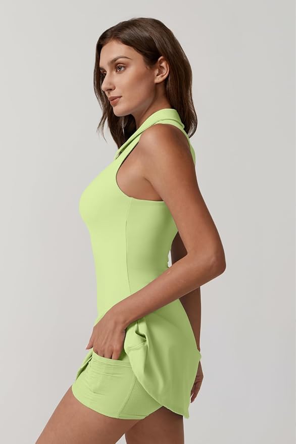 QINSEN Womens Zip Front Tennis Dress Polo Collar Racer Back Workout Golf Dresses Build in Shorts with Pockets