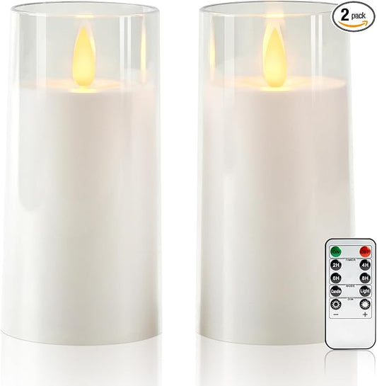 Raycare Flameless Electronic Pillar Candles with Remote Control and Timer- Battery Operated Realistic Flickering LED Fake Candle for Home, Wedding, Valentine's Day, Decor,White,Set of 2(3"x6"6")