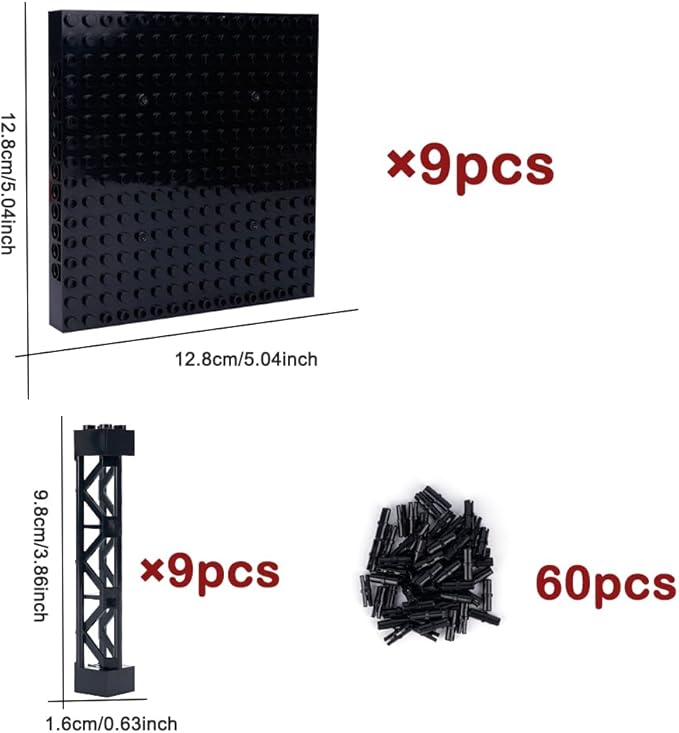 Brick 16x16 Plate 1/3 with Holes,Pins Suppor Pillar Accessories Pack,Pixel Art Painting Base Classic Building Block Bulk Parts and Pieces Sets - Compatible with 65803(Black)