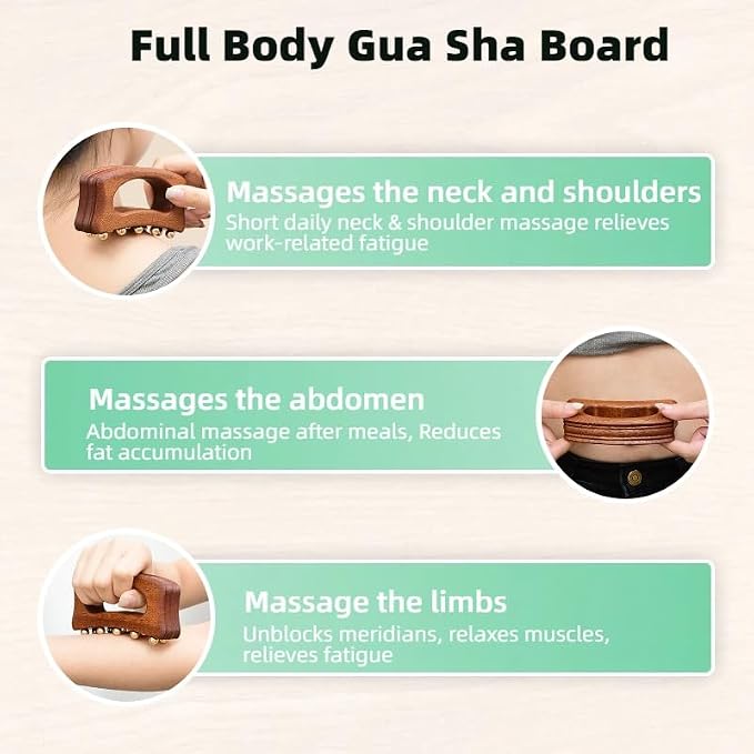 Brass Beads Gua Sha Massage Board for Neck Shoulder Back Abdomen Muscle Relaxation, Body Sculpting & Meridian Relief Copper Meridian Point Massage Board Chinese SPA Gua Sha Tool Natural Wooden Handle