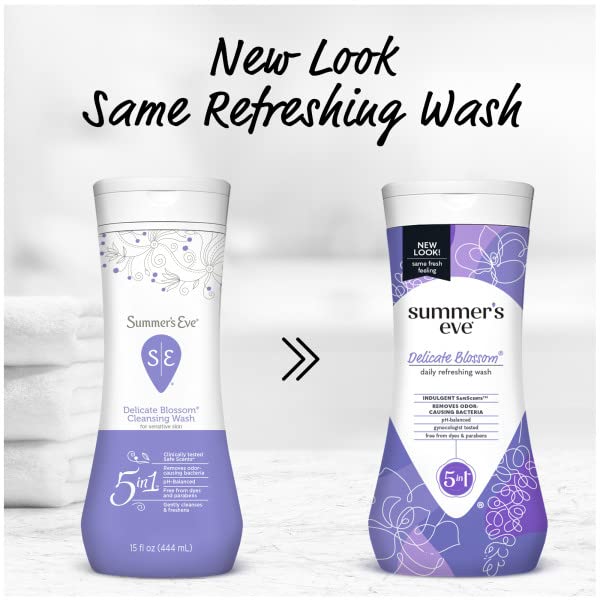 Summer's Eve Delicate Blossom Feminine Cleansing Wash, Daily Intimate Wash, Removes Odor, pH Balanced, Gentle for Sensitive Skin, 15 Ounce (Pack of 6)
