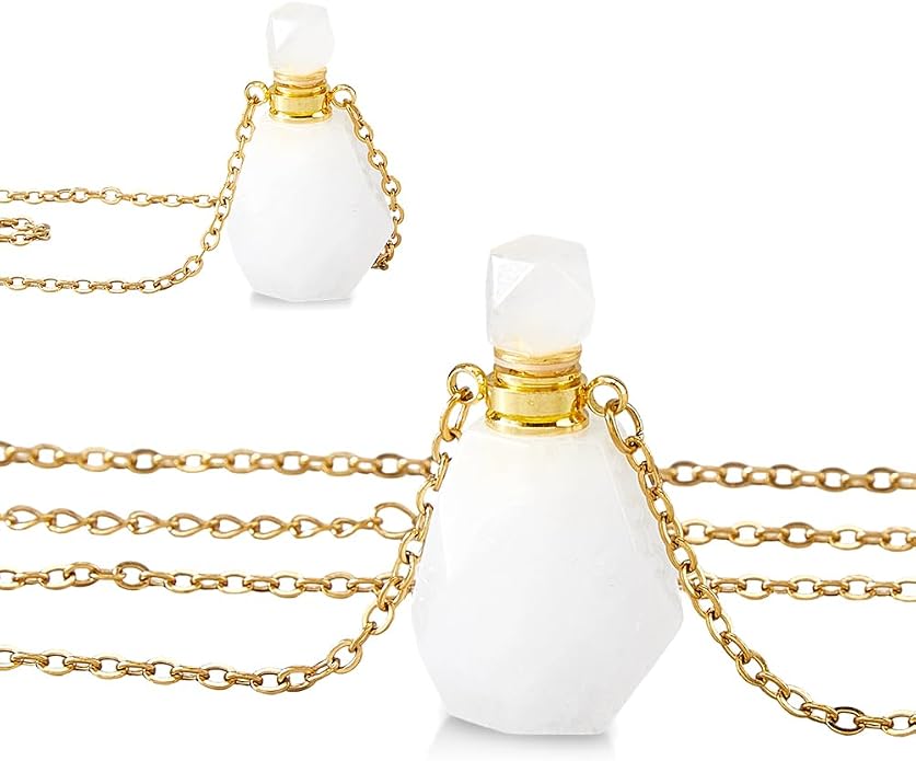 SUPERFINDINGS 2Pcs Perfume Bottle Necklace Essential Oil Diffuser Necklace Natural Crystal Perfume Bottle Pendant with 304 Stainless Steel Chain Gemstone Vial Pendant for Woman Men