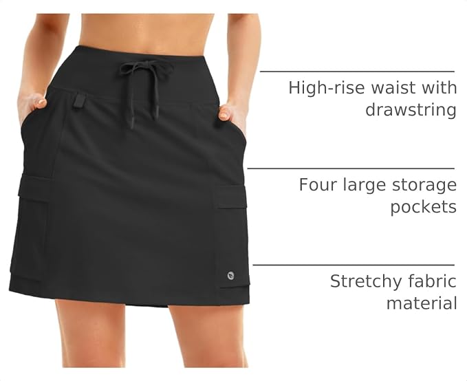 baleaf Women's 16" Hiking Cargo Skort with Pockets Knee Length Skirts | 4 Cargo Pockets, High Waisted, Built-In Shorts, UPF 50+ Sun Protection, Quick Dry, Stretch, Hiking, Golf, Outdoor, Casual