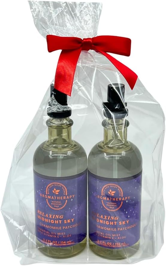 Bath & Body Works Aromatherapy Relaxing Midnight Sky Chamomile Patchouli Essential Oil Mist Gift Set with a Red Bow for Holidays & Gifts – Pack of 2