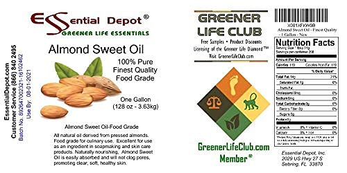 Almond Sweet Oil - 1 Gallon - 128 oz - Food Grade - Safety Sealed HDPE Container with Resealable Cap - 100% Pure and Natural for Hair, Skin, Massage, and Cooking