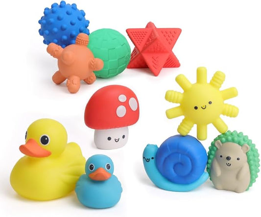 Itzy Ritzy 10-Piece Water Bath Toys Gift Set – Soft, Squeezable Multicolor Sensory Toy Set for Motor Skills, Imaginative Play, and Fun Bathtime Activities