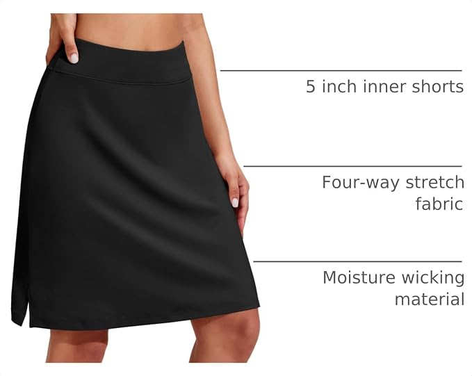 COOrun Women's 20" Knee Length Skirts High Waisted Golf Skorts with Pockets | Soft, Quick Dry, Split Hem, Built-in Shorts, A-line, Modest Skirts, for Golf Athletic Tennis Work Casual