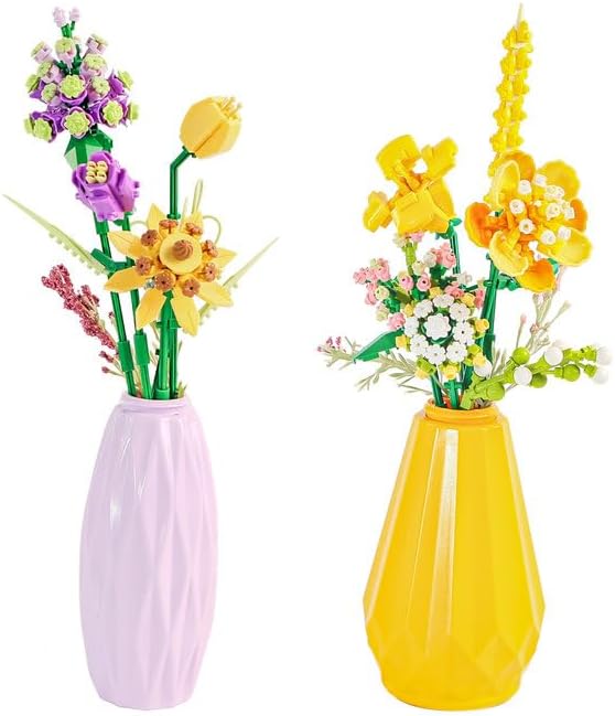 Flower Bouquet Micro Building Set with Vase, Botanical Collection Building Toy, Artificial Flowers Building Blocks Toy Home Office Decor