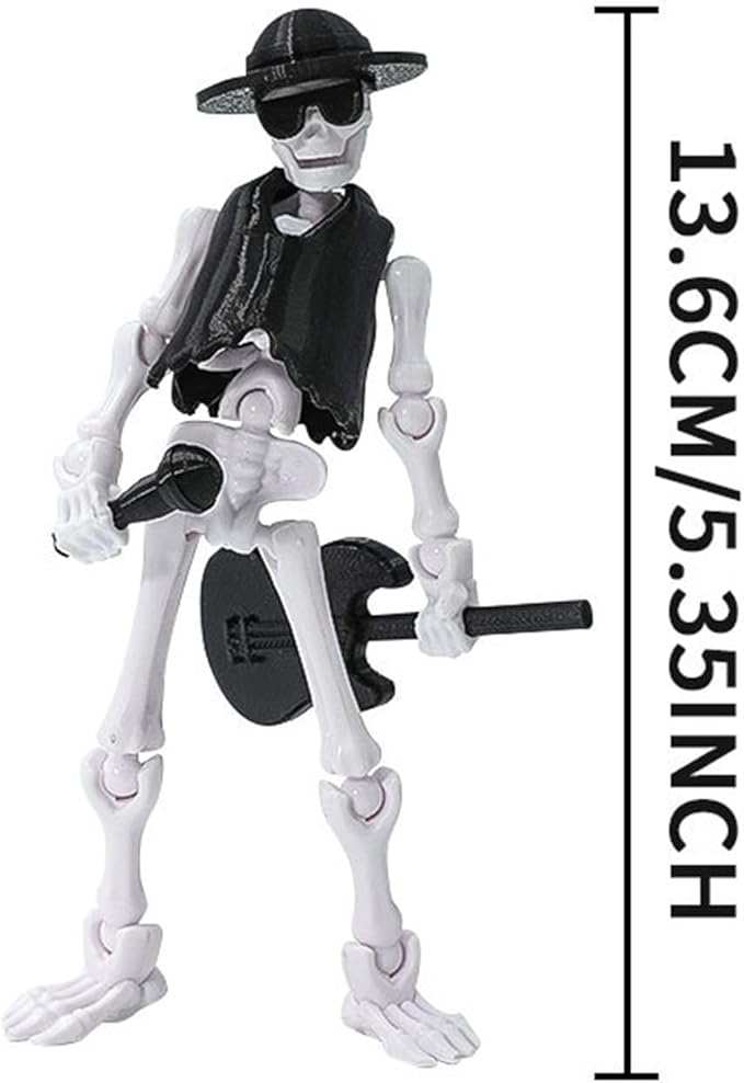 Articulated Skeleton Action Figure with Guitar, Halloween Decorative Toy, 5.35 Inch (White)