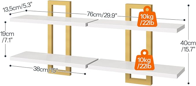 HOOBRO Floating Shelves, 15 Inch Wall Shelf Set of 2, Wall Mounted Storage Shelves 2-Tier, Hanging Bathroom Shelves, for Living Room, Bedroom, Bathroom, Kitchen, White and Gold DW32BJ01