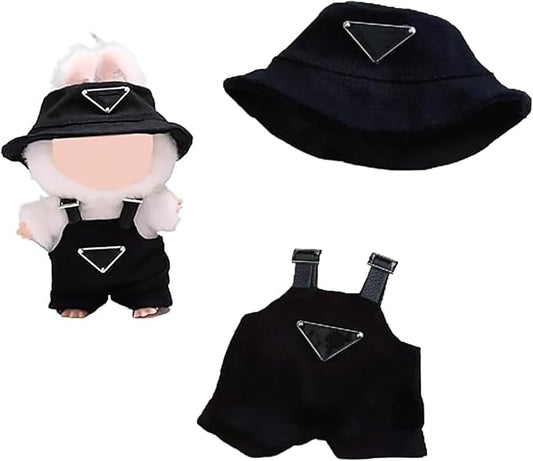 Clothes for Labubu(NO Doll) , Hat & Overalls Set for Labubu Clothes 15cm/17cm Dolls Accessories Suit, Doll Outfit Stylish Clothes(Style Black)