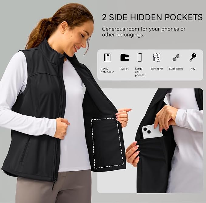 Soothfeel Women's Vest with Zipper Pocekts Lightweight Softshell Sleeveless Jacket Hiking Travel Golf Running Vest for Women