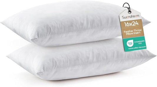16x24 Feather Lumbar Pillow Inserts, Decorative Throw Pillow Inserts for Covers, Fuller Fit with Soft Support for Bed and Couch, Set of 2