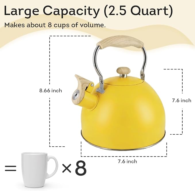 Lily's Home Whistling Tea Kettle, Teapot for Stovetop, Pleasant Whistle Sound, Heat Resistant Plastic Handle – Faux Wood Finish, Non Toxic Stove Kettle for Boiling Water - 2.5 Quarts (Yellow)