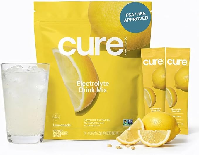 Cure Hydration | Plant-Based Electrolyte Drink Mix | No Added Sugar | FSA-HSA | Dehydration Relief Powder Made with Coconut Water | Non-GMO | Vegan | Pouch of 14 Packets - Lemonade