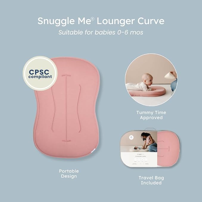 Snuggle Me® Baby Lounger Curve (0-6 Months) - Premium Organic Cotton with Foam Core, Machine-Washable Cover, Buttery-Soft & Breathable CSPC Compliant Infant Lounger Baby Nest with Travel Bag - Gumdrop