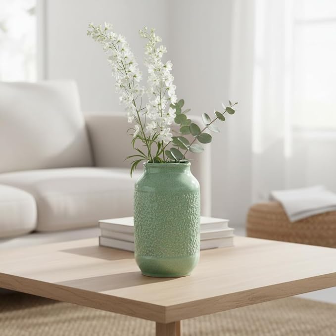 Ceramic Vase, 9 Inch Modern Green Flower Vases for Home Decor, Dining Table,Entryway, Living Room, Bathroom, Bookshelf, Bedroom, Kitchen, Mantle, Office, Foyar