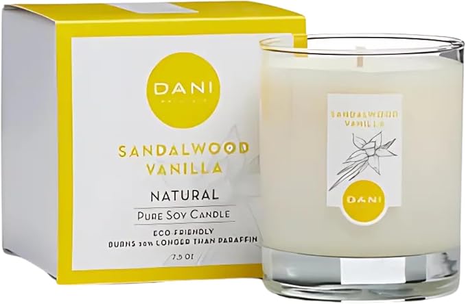 DANI Naturals Sandalwood Vanilla 100% Soy Wax Candle, Non-Toxic, 7.5oz | Vegan,soy wax candle,Clean-burning with organic cotton wick,Warm sandalwood vanilla scent,Made in USA