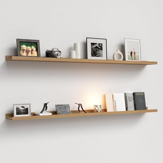 Boswillon Floating Shelves Set of 2, Long Wall Shelf with Lip, 56in, Oak | Display Ledge Shelf for Room Wall, Wall Decor Shelves for Bathroom, Living Room, Bedroom, Kitchen, Nursery Room, Rustic, Wood