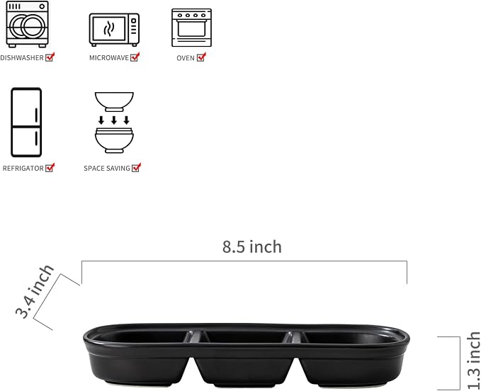 2PCS Ceramic Dishes, Ceramic Dish Stainless Steel Soy Tomato Sauce Salt Vinegar Sugar Spices Flavor Condiment Dip Bowls Korean BBQ Home Kitchen Plates (3 Grids Black)