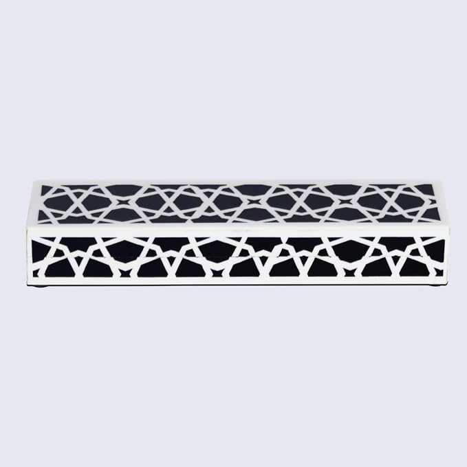 Handicrafts Home Decorative Storage Box with Lid, Black and White Moroccan Zellij Pattern Remote Holder, Slim Coffee Table Box, Geometric Lattice Box for Shelf & Desk Decor, Zellij 10 x 2.5 x 1.5