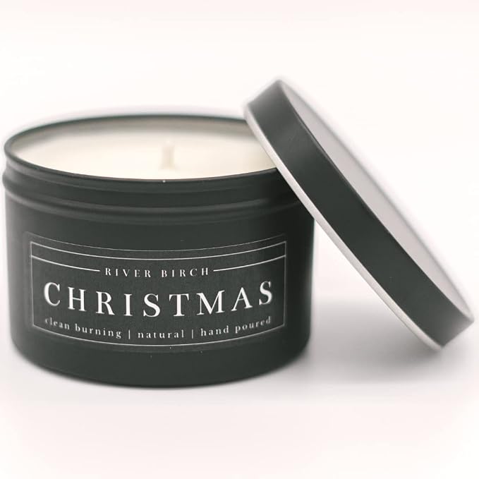 River Birch Candles Christmas Scented Candle | Premium, All-Natural, Non-Toxic, Soy Candles | 8 oz. Black Matte Tin Travel Candle | Cozy Relaxing Gifts for Home