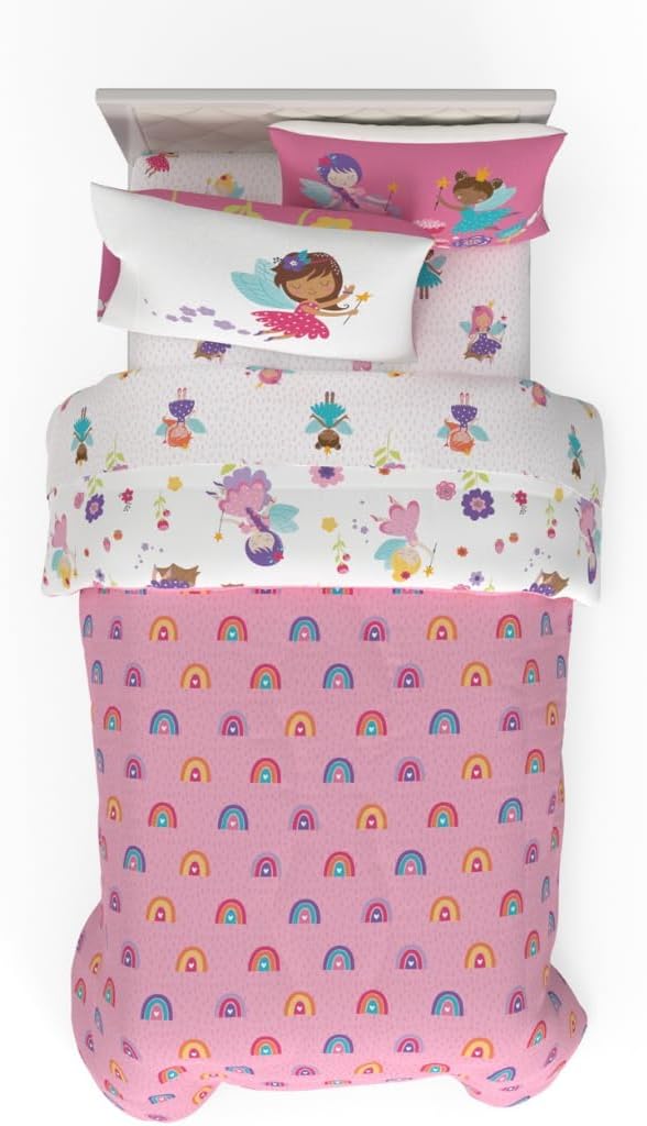 Morning Bird Princess Fairy Kids Bedding Super Soft & Cozy Reversible Microfiber Comforter and Sheet Set with Sham, 5 Piece Twin Size, By Franco