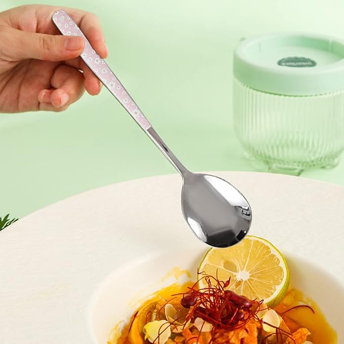Stainless Steel Soup Spoon,Korean Dessert Pink Daisy Mixed Color Spoon for Home, Kitchen or Restaurant, Set of 4 Pink Daisy Colour Soup Spoons, 8 Inches.