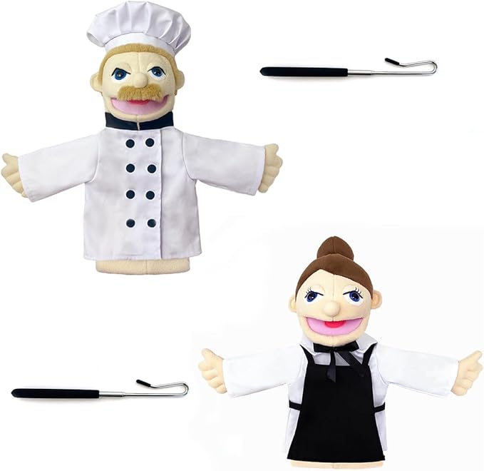 Professional Hand Puppets,2pcs Chef Puppet and Waitress Hand Puppet for Kids Role Play,Teaching Puppet Stuffed Toys Character Puppet with Movable Mouth（03-Chef &Waitress