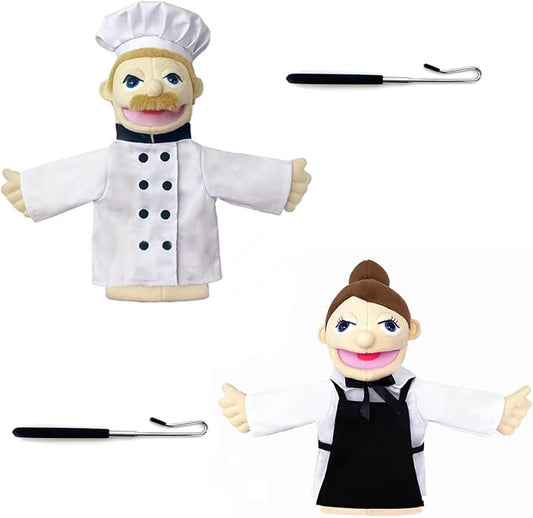 Professional Hand Puppets,2pcs Chef Puppet and Waitress Hand Puppet for Kids Role Play,Teaching Puppet Stuffed Toys Character Puppet with Movable Mouth（03-Chef &Waitress