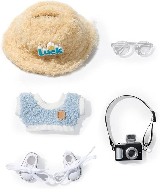 5 Set 17cm Doll Clothes -Clothes for Dolls Outfit - Accessories for 17cm Dolls Clothes +Light Pink Heart-Shaped Velvet hat + Small Camera + Glasses + Canvas Shoes, No Doll Included (Style A4)