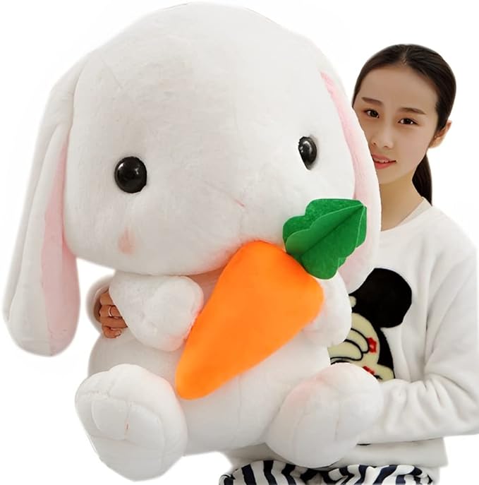 HOUPU Soft Toy - Sitting Lop Eared Rabbit, Easter White Rabbit Stuffed Bunny Animal with Carrot Soft Lovely Realistic Long-Eared Standing Pink Plush Toys (White-Carrot,25.5in/65cm)