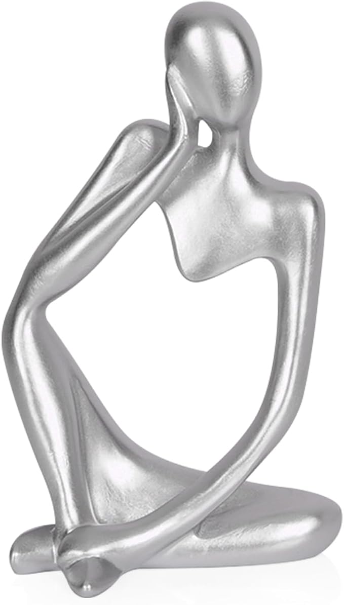 Sandstone Resin Thinker Statue Style Abstract Sculpture, Silver, Left | Small Statue Collectible Figurines, Modern Aesthetic Ornament for Home Office Bookshelf Desktop Coffee Table Decor
