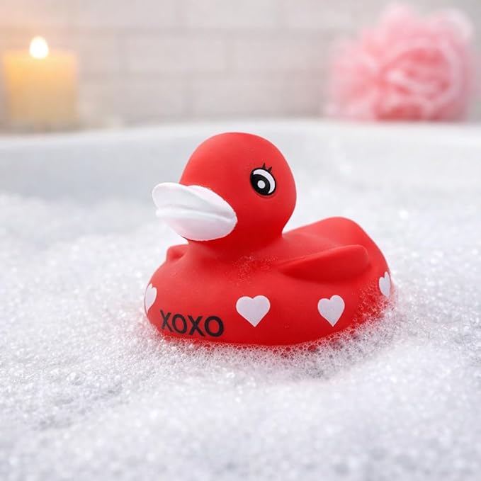 4E's Novelty 3" Valentines Rubber Duck - Large Red XOXO Sweetheart Ducky for Romantic Decoration, Jeep Ducking, Bath Toy, Cake Topper, Party Supplies, Valentines Day Gift for Him Her