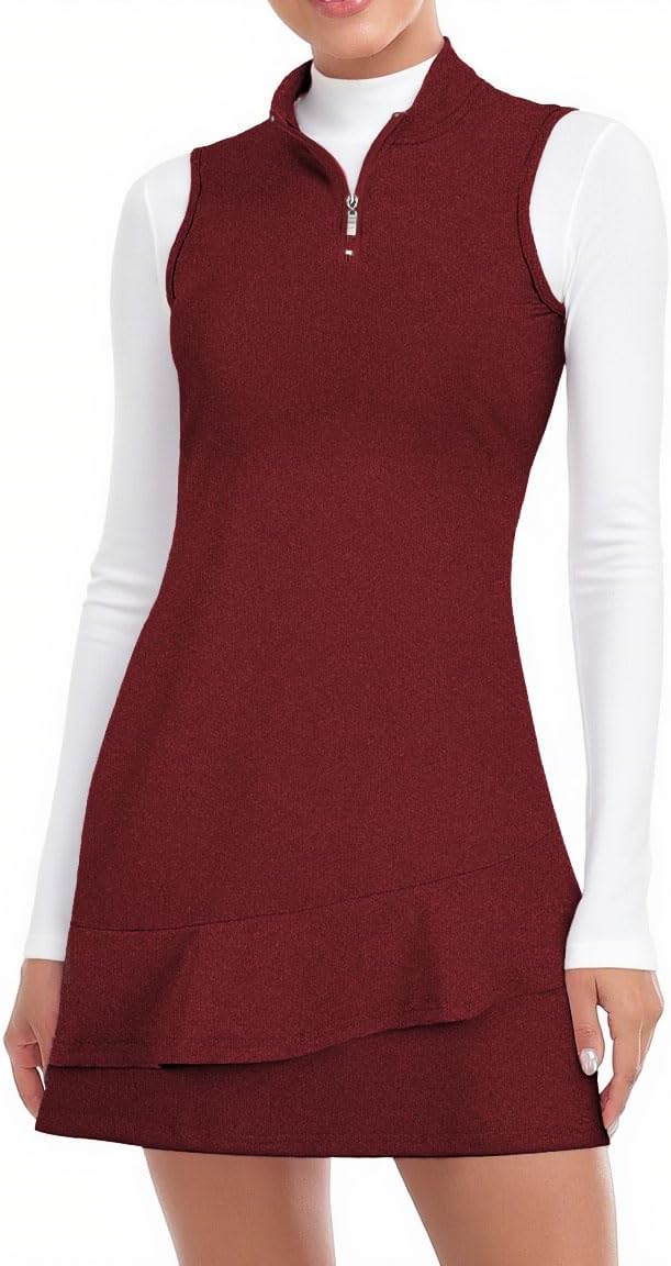 Viracy Tennis Dress for Women Sleeveless Golf Dresses with Shorts and Pockets Ruffle Zip Up Stand Collar Golf Outfits