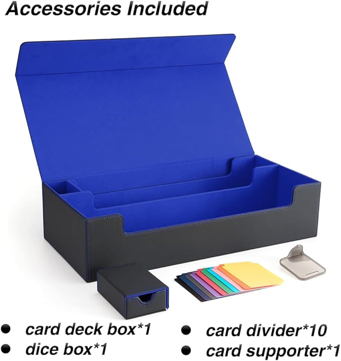 Venssu MTG Deck Box Holds 5 Display Card Deck Boxes with Playmat and Dice Box,Includes 10 colorful dividers and 1 card supporter, Trading Card Storage Box For Magic Game Cards(Black and Blue)