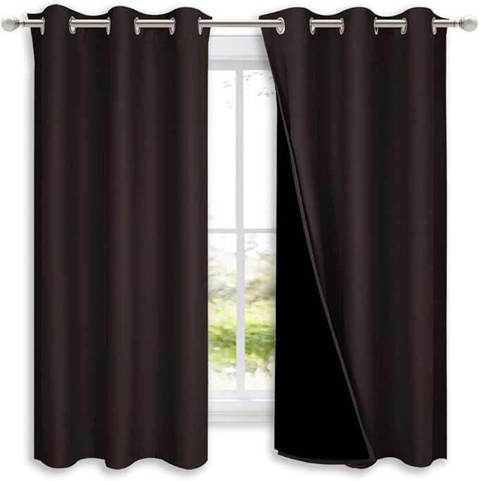 NICETOWN 100% Blackout Short Curtains with Black Liners, 2 Panels, 37" W by 63" L, Toffee Brown, Solid Thermal Insulated Full Blackout 2-Layer Lined Drapes, Energy Efficiency Window Drapes for Bedroom
