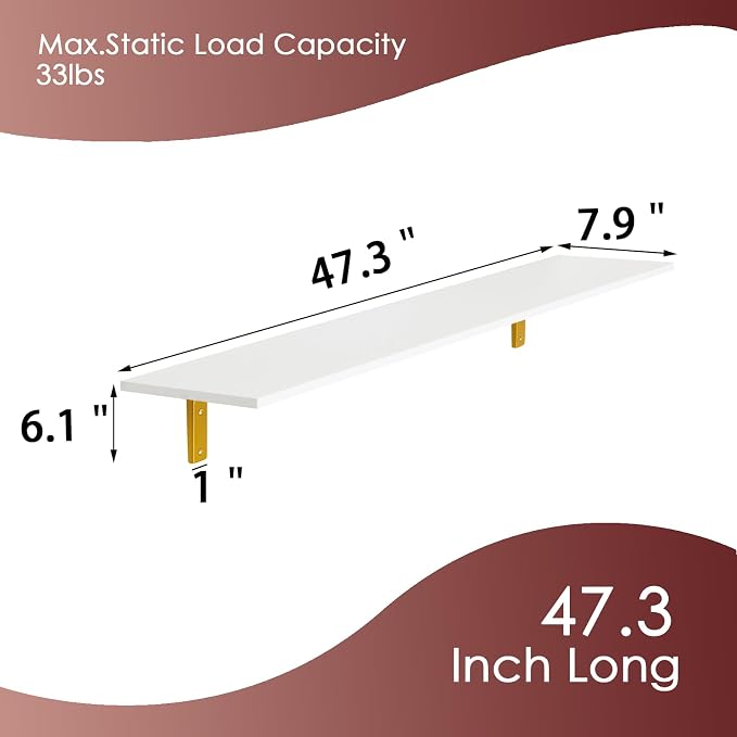 DINZI LVJ Long Wall Shelves, 47.3" Wall Mounted Shelves Set of 4, Large Floating Shelves with Metal Brackets, for Living Room, Bathroom, Bedroom, Kitchen, White and Gold